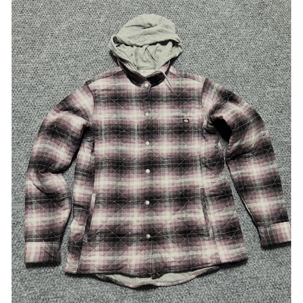 Dickies Women's Plaid‎ Quilted Hooded Snap Jacket Pink Gray Black Size M